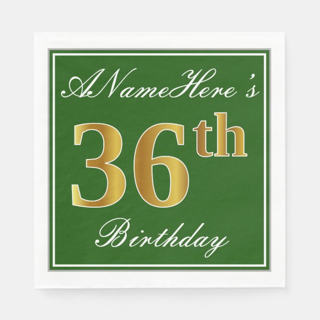 Elegant Green, Faux Gold 36th Birthday + Name Napkin (Front)