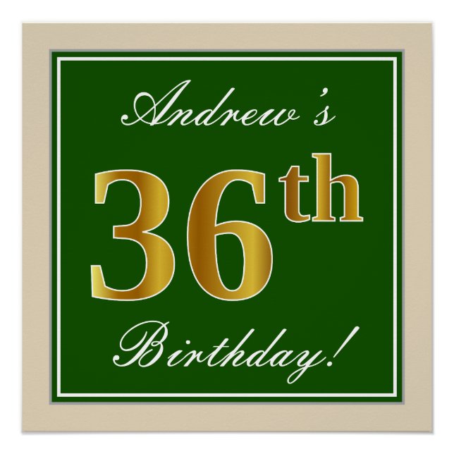 Elegant, Green, Faux Gold 36th Birthday + Name Poster (Front)