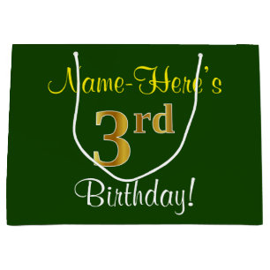 Elegant, Green, Faux Gold 3rd Birthday + Name Large Gift Bag