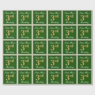 Elegant, Green, Faux Gold 3rd Birthday + Name Wrapping Paper