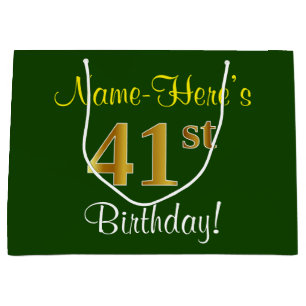 Elegant, Green, Faux Gold 41st Birthday + Name Large Gift Bag