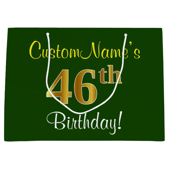 Elegant, Green, Faux Gold 46th Birthday + Name Large Gift Bag (Front)