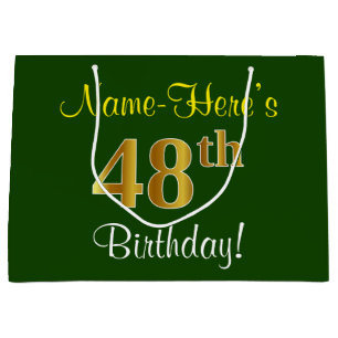Elegant, Green, Faux Gold 48th Birthday + Name Large Gift Bag