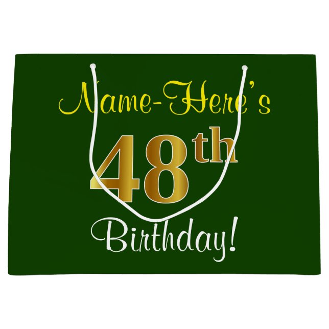 Elegant, Green, Faux Gold 48th Birthday + Name Large Gift Bag (Front)