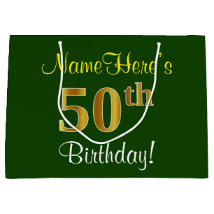 Elegant, Green, Faux Gold 50th Birthday + Name Large Gift Bag