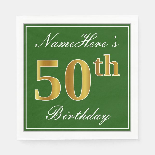 Elegant Green, Faux Gold 50th Birthday + Name Napkin (Front)