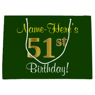 Elegant, Green, Faux Gold 51st Birthday + Name Large Gift Bag