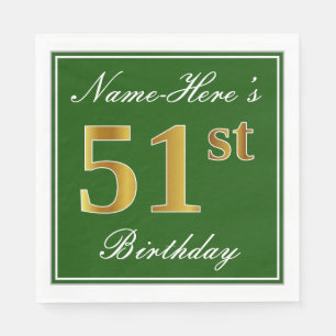 Elegant Green, Faux Gold 51st Birthday + Name Napkin