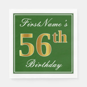 Elegant Green, Faux Gold 56th Birthday + Name Napkin
