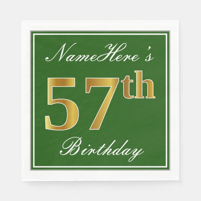 Elegant Green, Faux Gold 57th Birthday + Name Napkin (Front)