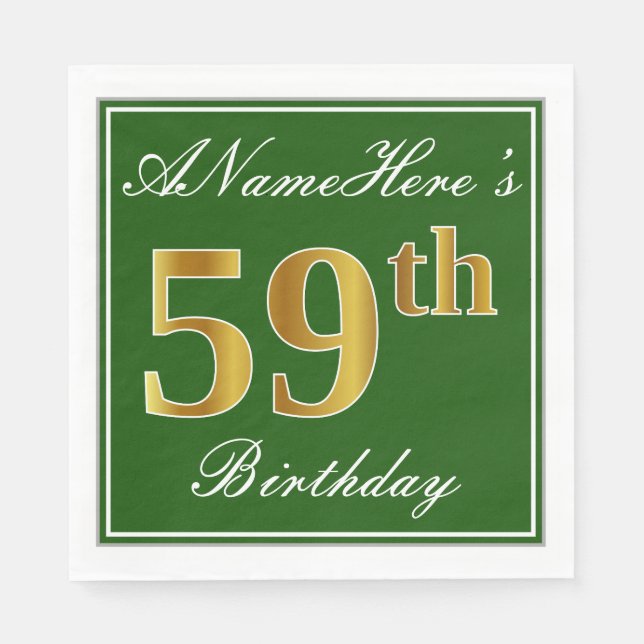 Elegant Green, Faux Gold 59th Birthday + Name Napkin (Front)