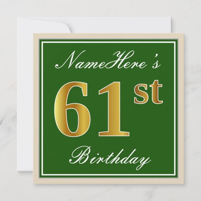 Elegant, Green, Faux Gold 61st Birthday + Name Invitation (Front)