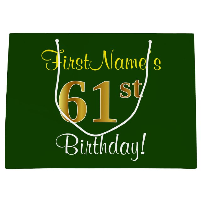 Elegant, Green, Faux Gold 61st Birthday + Name Large Gift Bag (Front)