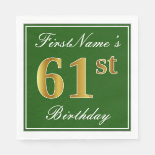 Elegant Green, Faux Gold 61st Birthday + Name Napkin