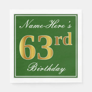 Elegant Green, Faux Gold 63rd Birthday + Name Napkin