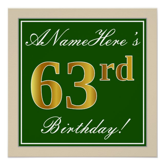 Elegant, Green, Faux Gold 63rd Birthday + Name Poster (Front)