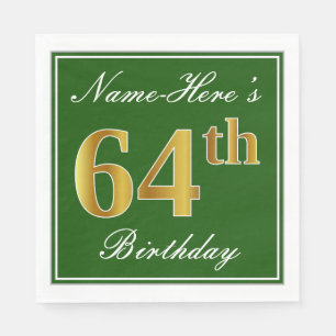 Elegant Green, Faux Gold 64th Birthday + Name Napkin