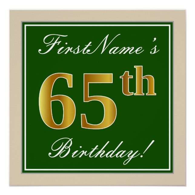 Elegant, Green, Faux Gold 65th Birthday + Name Poster (Front)