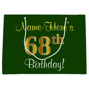 Elegant, Green, Faux Gold 68th Birthday + Name Large Gift Bag