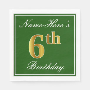 Elegant Green, Faux Gold 6th Birthday; Custom Name Napkin