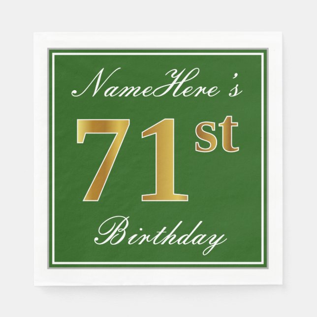 Elegant Green, Faux Gold 71st Birthday + Name Napkin (Front)
