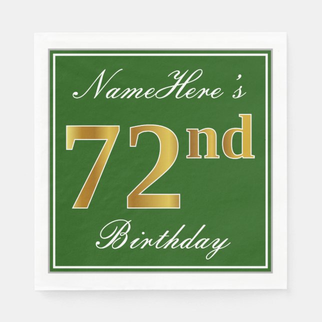 Elegant Green, Faux Gold 72nd Birthday + Name Napkin (Front)