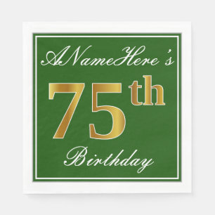 Elegant Green, Faux Gold 75th Birthday + Name Napkin
