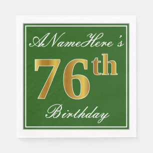 Elegant Green, Faux Gold 76th Birthday + Name Napkin