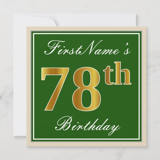 Elegant, Green, Faux Gold 78th Birthday + Name Invitation (Front)