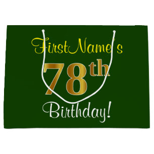 Elegant, Green, Faux Gold 78th Birthday + Name Large Gift Bag
