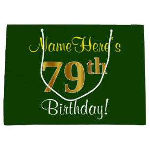 Elegant, Green, Faux Gold 79th Birthday + Name Large Gift Bag