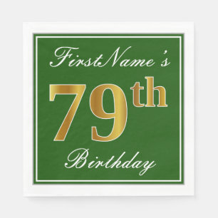 Elegant Green, Faux Gold 79th Birthday + Name Napkin