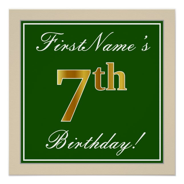 Elegant, Green, Faux Gold 7th Birthday + Name Poster (Front)