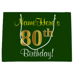 Elegant, Green, Faux Gold 80th Birthday + Name Large Gift Bag