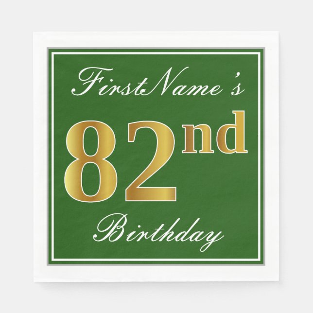 Elegant Green, Faux Gold 82nd Birthday + Name Napkin (Front)