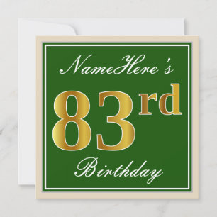 Elegant, Green, Faux Gold 83rd Birthday + Name Invitation