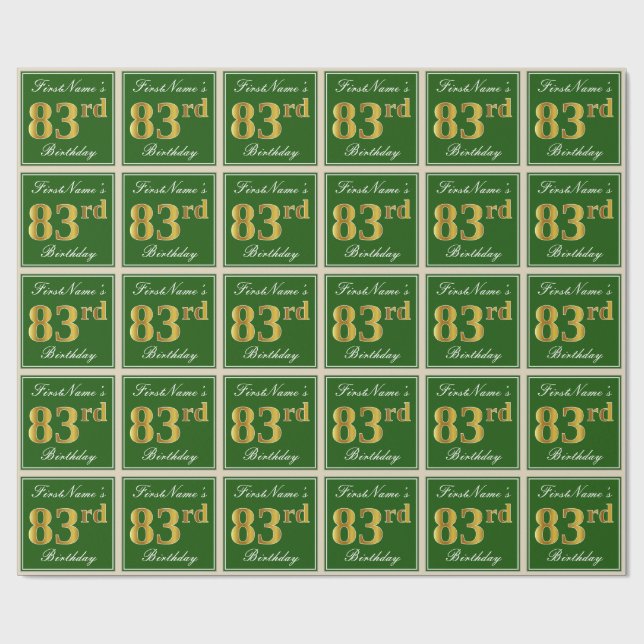 Elegant, Green, Faux Gold 83rd Birthday + Name Wrapping Paper (Flat)
