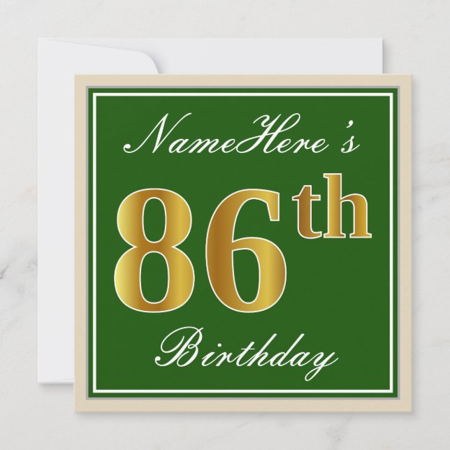Elegant, Green, Faux Gold 86th Birthday + Name Invitation (Front)