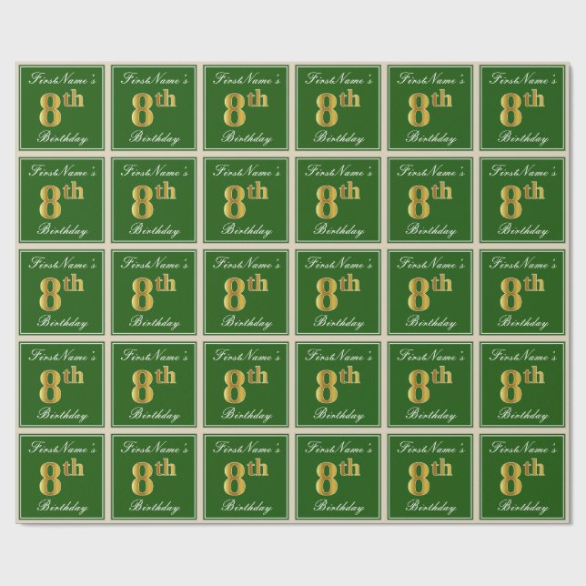 Elegant, Green, Faux Gold 8th Birthday + Name Wrapping Paper (Flat)
