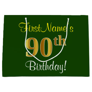 Elegant, Green, Faux Gold 90th Birthday + Name Large Gift Bag