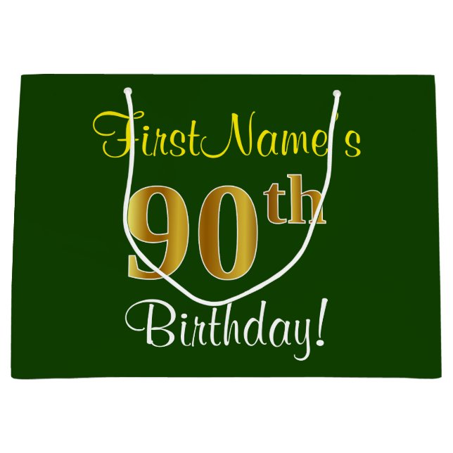 Elegant, Green, Faux Gold 90th Birthday + Name Large Gift Bag (Front)