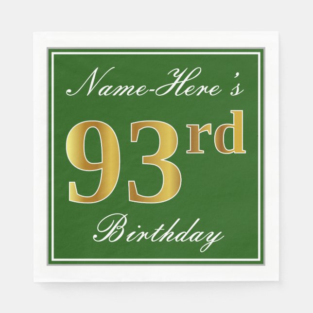 Elegant Green, Faux Gold 93rd Birthday + Name Napkin (Front)