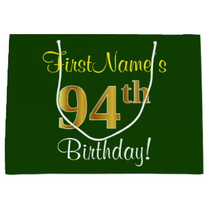 Elegant, Green, Faux Gold 94th Birthday + Name Large Gift Bag