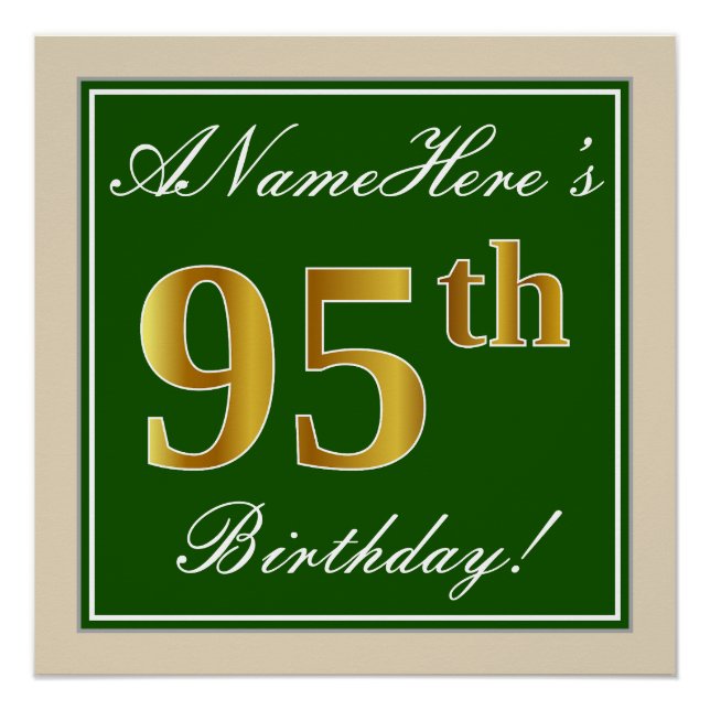 Elegant, Green, Faux Gold 95th Birthday + Name Poster (Front)