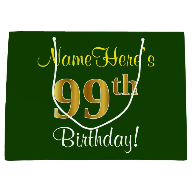 Elegant, Green, Faux Gold 99th Birthday + Name Large Gift Bag (Front)