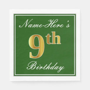 Elegant Green, Faux Gold 9th Birthday; Custom Name Napkin