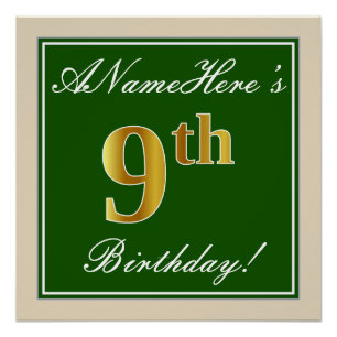 Elegant, Green, Faux Gold 9th Birthday + Name Poster
