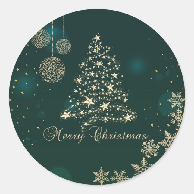 Elegant Green,Faux Gold Christmas Tree,Snowflakes Classic Round Sticker (Front)