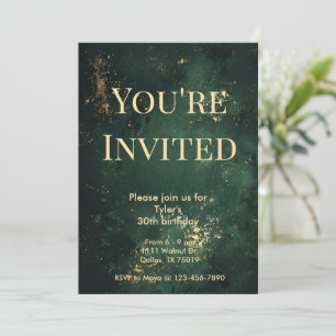 Elégant Green & Faux Gold Invitation Anniversaire