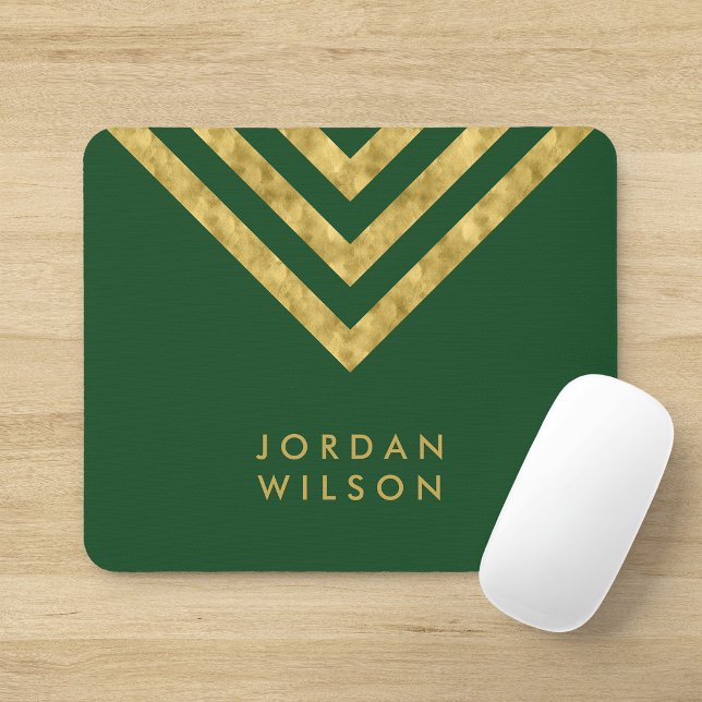 Elegant Green Faux Gold Name Chevron Geometric Mouse Pad (Creator Uploaded)